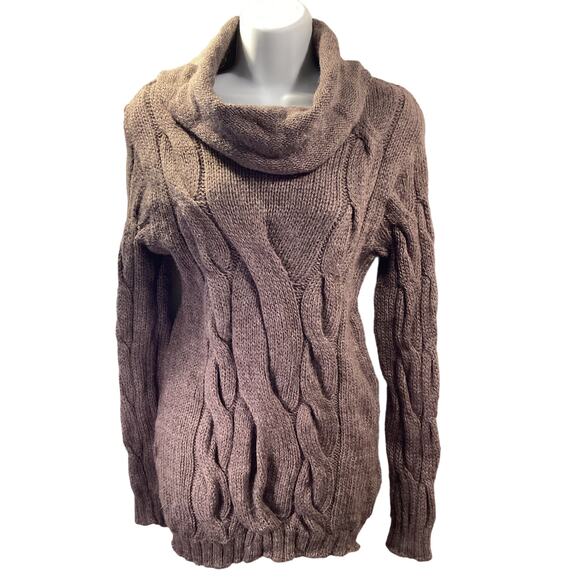 Highland Home Industries Brown Cable Knit 100% Wool Tunic Cowl Neck Sweater S - Picture 1 of 9